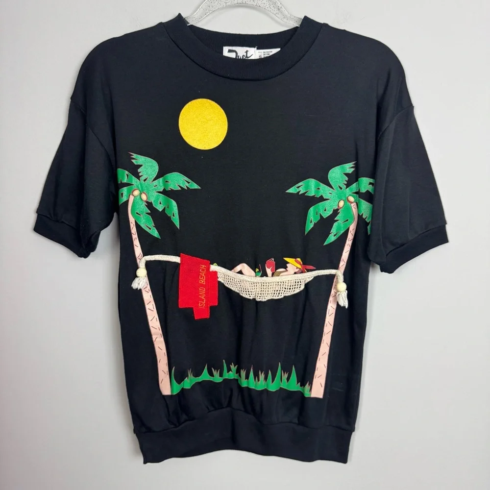 DUET | Vintage Black Tropical Hammock Island Beach Tee Women’s Size Small - Picture 2 of 9